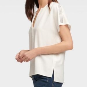 DKNY Women's White Embellished Short Sleeve V Neck Top